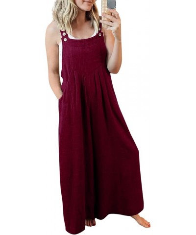 Linen Jumpsuits for Women Summer 2023 Casual Loose Plus Size Wide Leg Overalls Sleeveless Striped Romper with Pocket C-wine $...