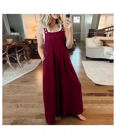 Linen Jumpsuits for Women Summer 2023 Casual Loose Plus Size Wide Leg Overalls Sleeveless Striped Romper with Pocket C-wine $...