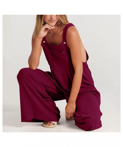 Linen Jumpsuits for Women Summer 2023 Casual Loose Plus Size Wide Leg Overalls Sleeveless Striped Romper with Pocket C-wine $...