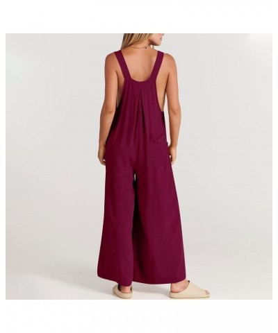 Linen Jumpsuits for Women Summer 2023 Casual Loose Plus Size Wide Leg Overalls Sleeveless Striped Romper with Pocket C-wine $...