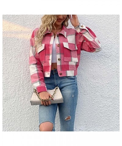 Women's Flannel Plaid Cropped Shacket Jacket Lapel Button Down Fall Fashion 2023 Woolen Coats Outerwear Casual Jackets 013 Ho...