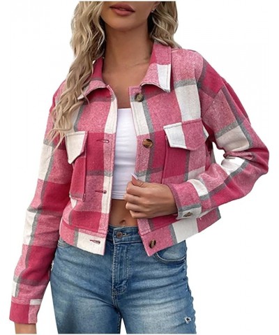 Women's Flannel Plaid Cropped Shacket Jacket Lapel Button Down Fall Fashion 2023 Woolen Coats Outerwear Casual Jackets 013 Ho...