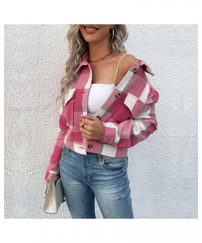 Women's Flannel Plaid Cropped Shacket Jacket Lapel Button Down Fall Fashion 2023 Woolen Coats Outerwear Casual Jackets 013 Ho...