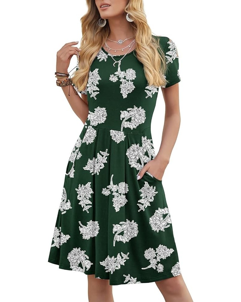 Women's Casual Flowy Pleated Loose Dresses with Pockets White Flower-green $17.84 Dresses
