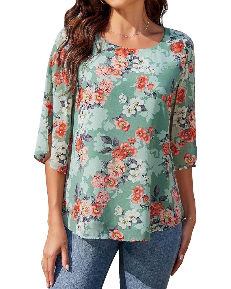 Womens Casual Scoop Neck Loose Top 3/4 Sleeve Chiffon Blouse Shirt Tops Red White Flowers $14.40 Blouses