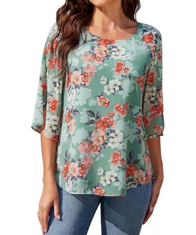 Womens Casual Scoop Neck Loose Top 3/4 Sleeve Chiffon Blouse Shirt Tops Red White Flowers $14.40 Blouses