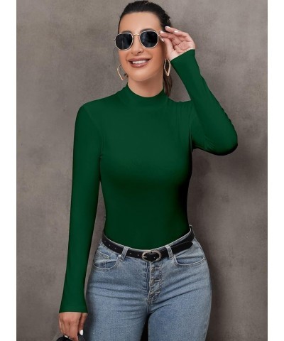 Women's Mock Turtleneck Long Sleeves Bodysuit Basic Ribbed Shirts Top Dark Green $13.10 Bodysuits