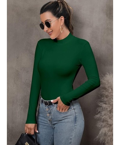 Women's Mock Turtleneck Long Sleeves Bodysuit Basic Ribbed Shirts Top Dark Green $13.10 Bodysuits