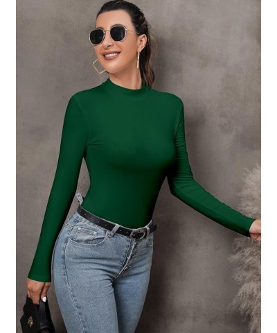 Women's Mock Turtleneck Long Sleeves Bodysuit Basic Ribbed Shirts Top Dark Green $13.10 Bodysuits