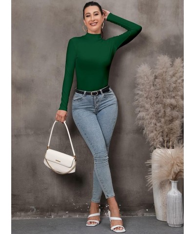 Women's Mock Turtleneck Long Sleeves Bodysuit Basic Ribbed Shirts Top Dark Green $13.10 Bodysuits