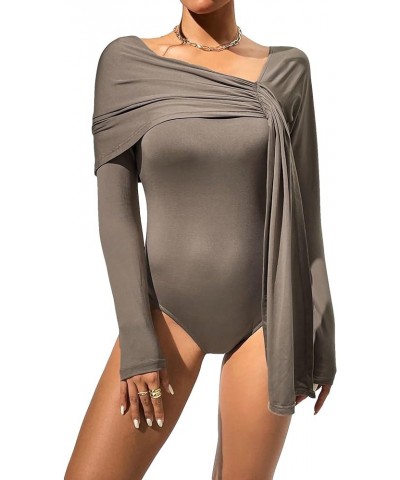 Women's Long Sleeve Draped Solid Slim Fit Bodysuit Tops Casual Tee Shirt Khaki $8.80 Bodysuits