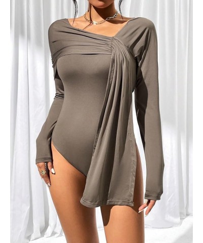 Women's Long Sleeve Draped Solid Slim Fit Bodysuit Tops Casual Tee Shirt Khaki $8.80 Bodysuits