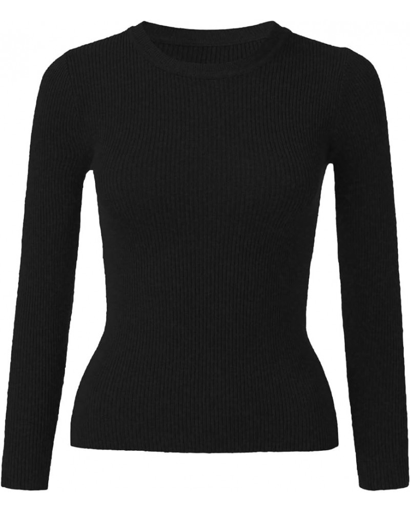 Long Sleeve Shirts for Women Fall and Winter Solid Color Knit Shirt Round Neck Stripe Slim Fitting Warm Versatile Black-4 $4....