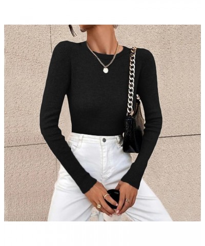 Long Sleeve Shirts for Women Fall and Winter Solid Color Knit Shirt Round Neck Stripe Slim Fitting Warm Versatile Black-4 $4....