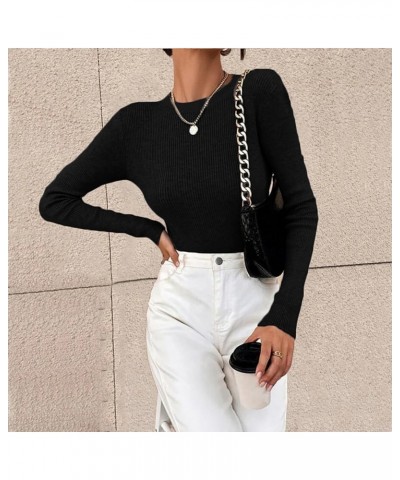 Long Sleeve Shirts for Women Fall and Winter Solid Color Knit Shirt Round Neck Stripe Slim Fitting Warm Versatile Black-4 $4....