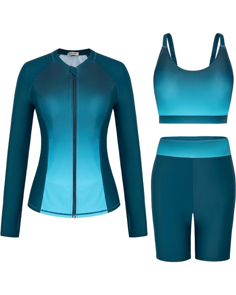 Women's 3 Piece Rash Guard Built-in Bra Long Sleeve UV Sun Protection Swimsuit Zip up Swim Top Shirt Modest Gradient Blue Gre...