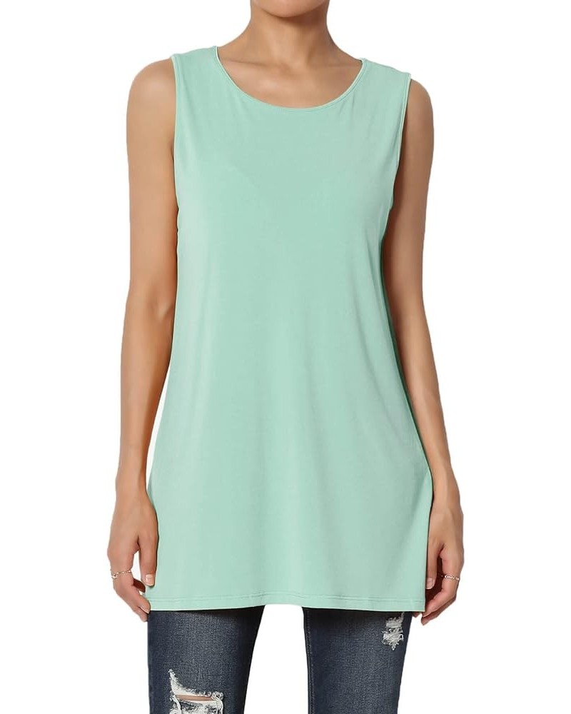 Women's Summer Sleeveless Crew Neck Side Slit Cool Stretchy Tunic Long Tank Top Dusty Green $10.58 Tanks