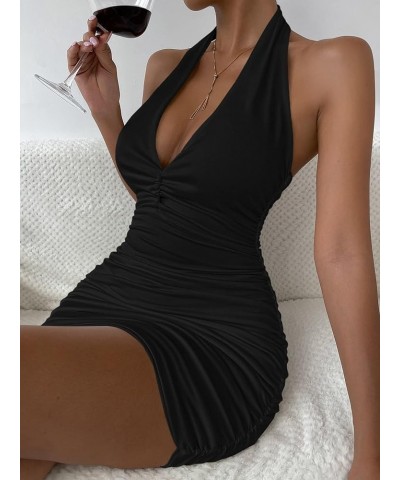 Women's Backless Sleeveless Halter Neck Ruched Party Bodycon Dress Black $13.19 Dresses