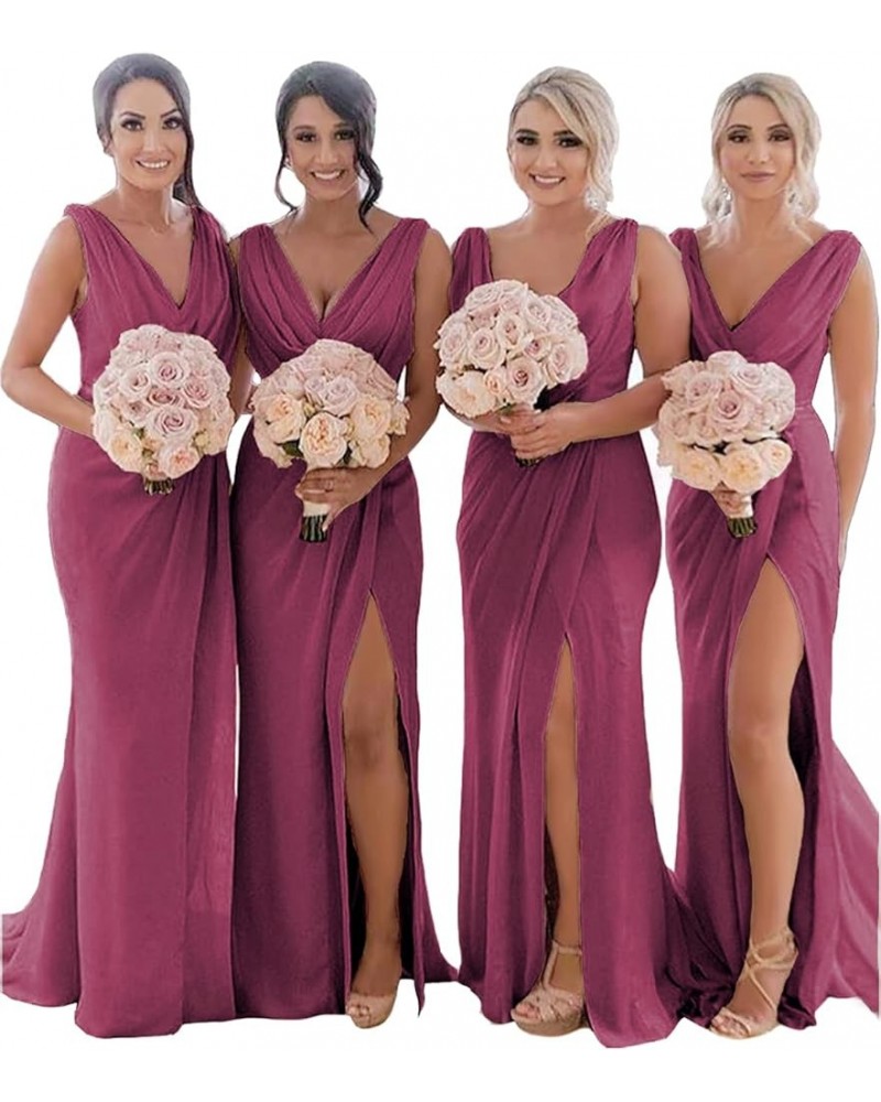 Women's Cowl Neck Bridesmaid Dresses Long for Wedding Ruched Chiffon Wrap Slit Formal Evening Party Gown Desert Rose $37.50 D...