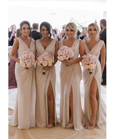 Women's Cowl Neck Bridesmaid Dresses Long for Wedding Ruched Chiffon Wrap Slit Formal Evening Party Gown Desert Rose $37.50 D...