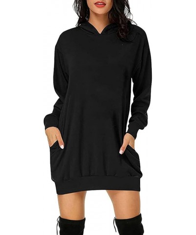 Women Oversized Hoodie Dress Long Sleeve Split Hem Drawstring Solid Pullover Casual Sweatshirt with Kangaroo Pocket A5-black ...