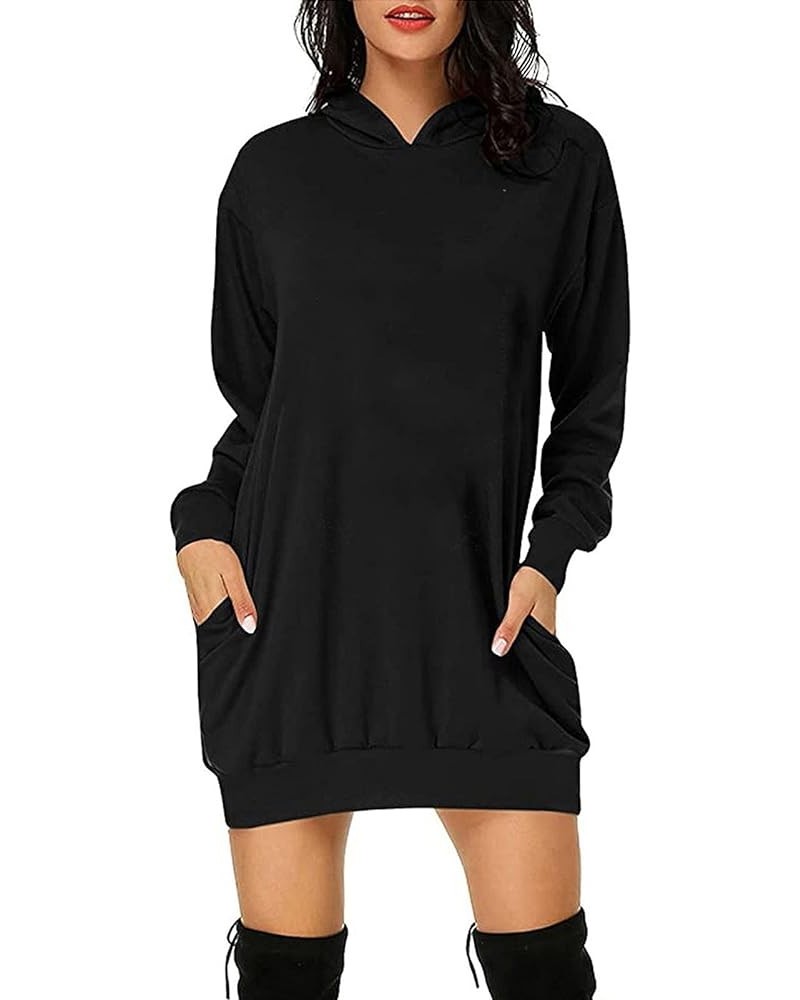 Women Oversized Hoodie Dress Long Sleeve Split Hem Drawstring Solid Pullover Casual Sweatshirt with Kangaroo Pocket A5-black ...