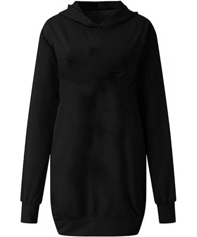 Women Oversized Hoodie Dress Long Sleeve Split Hem Drawstring Solid Pullover Casual Sweatshirt with Kangaroo Pocket A5-black ...