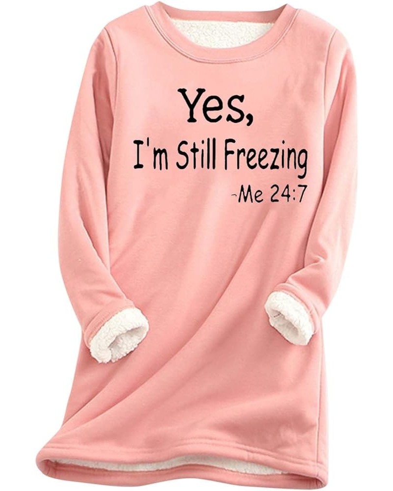 Women 2023 Winter Warm Sherpa Lined Fleece Crewneck Sweatshirts Pullover Loungewear 4_pink $8.23 Hoodies & Sweatshirts