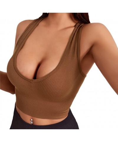 Sexy Crop Tops for Women V Neck Ribbed Tank Tops Workout Seamless Racerback Top with Built in Bras Brown $12.41 Tanks