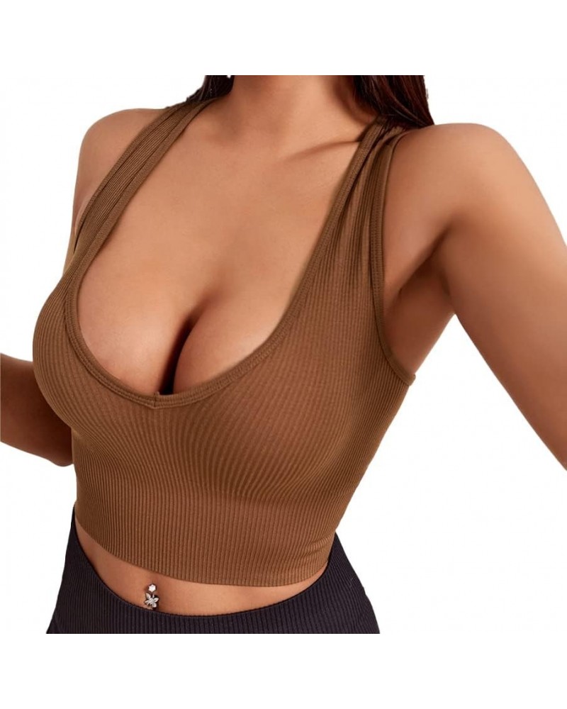 Sexy Crop Tops for Women V Neck Ribbed Tank Tops Workout Seamless Racerback Top with Built in Bras Brown $12.41 Tanks