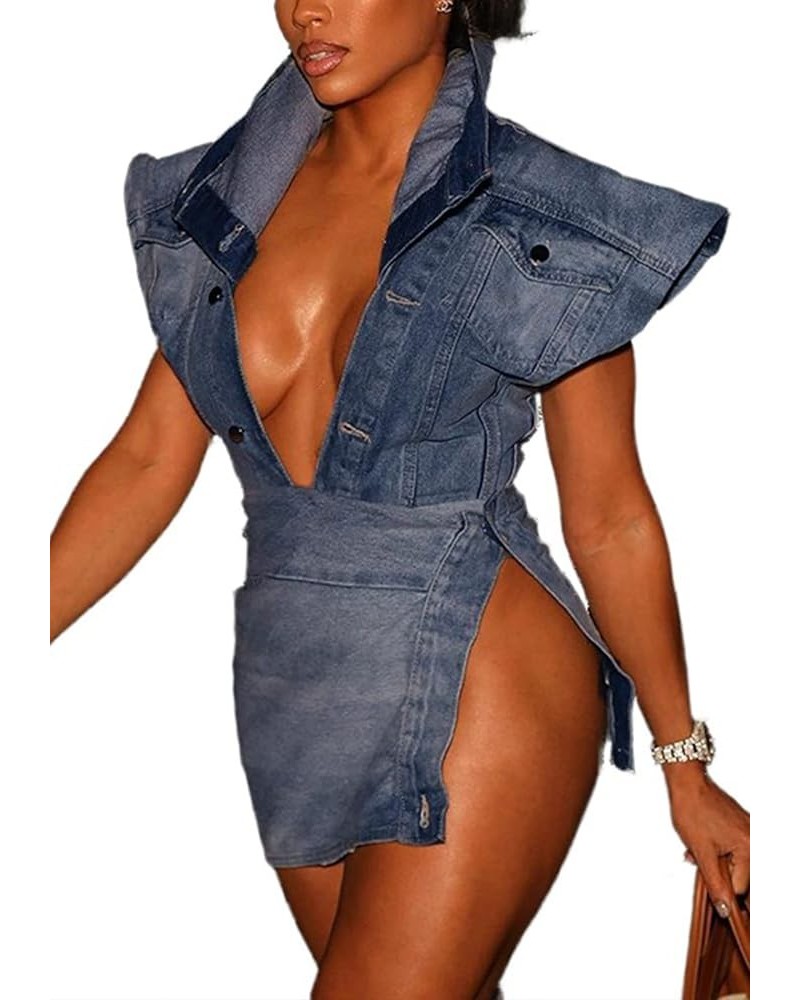 Women's Y2K Denim 2 Piece Outfits Turn Down Collar Button Down Tops Side Slit Skirt Set Casual Jean Dress 3-blue $20.27 Suits