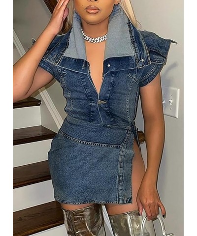 Women's Y2K Denim 2 Piece Outfits Turn Down Collar Button Down Tops Side Slit Skirt Set Casual Jean Dress 3-blue $20.27 Suits