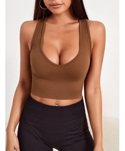 Sexy Crop Tops for Women V Neck Ribbed Tank Tops Workout Seamless Racerback Top with Built in Bras Brown $12.41 Tanks