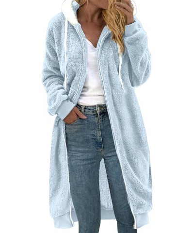 Fashionable Women's Long Sleeve Cardigan Solid Color Zipper Medium Length Hooded Flannel Fall Winter Sweater Coat Sky Blue $1...