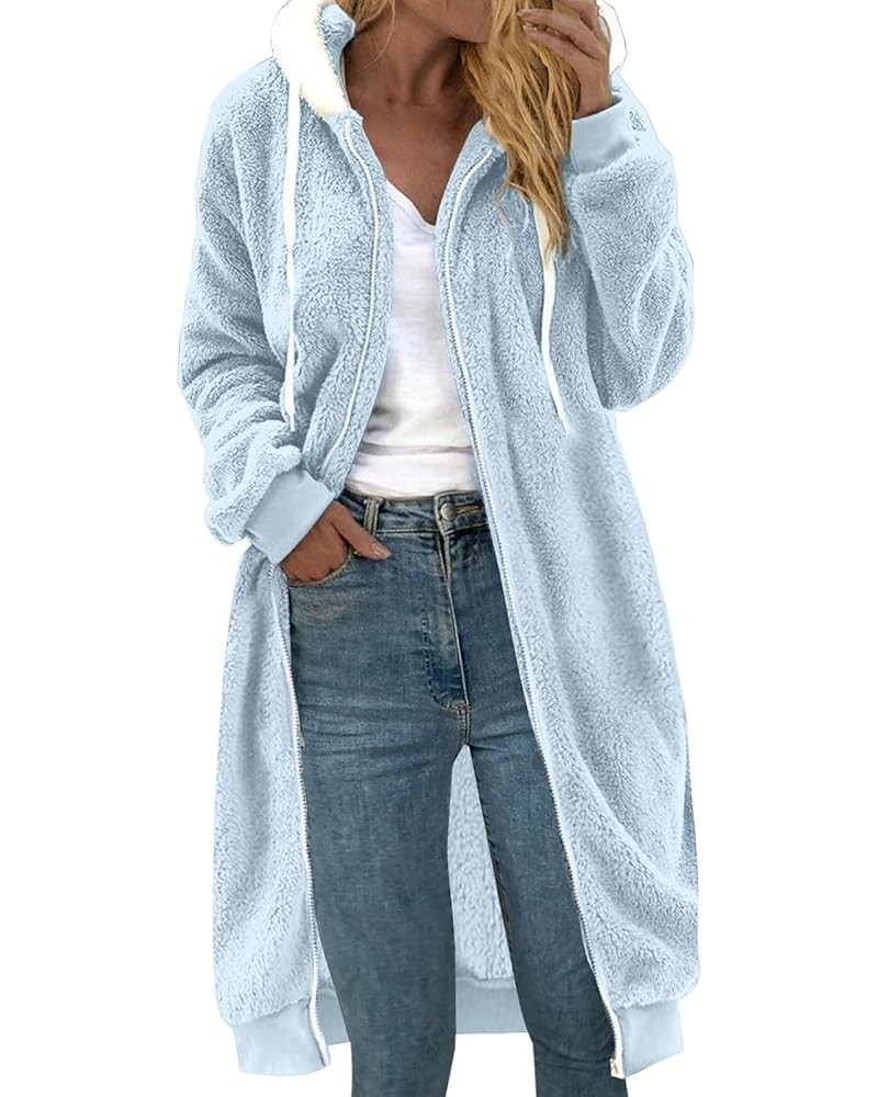 Fashionable Women's Long Sleeve Cardigan Solid Color Zipper Medium Length Hooded Flannel Fall Winter Sweater Coat Sky Blue $1...