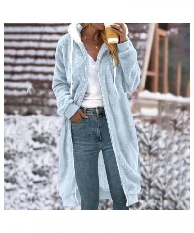 Fashionable Women's Long Sleeve Cardigan Solid Color Zipper Medium Length Hooded Flannel Fall Winter Sweater Coat Sky Blue $1...