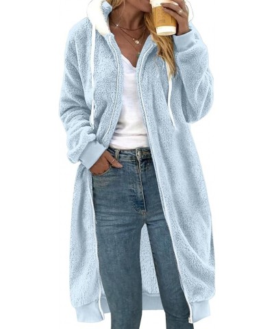 Fashionable Women's Long Sleeve Cardigan Solid Color Zipper Medium Length Hooded Flannel Fall Winter Sweater Coat Sky Blue $1...