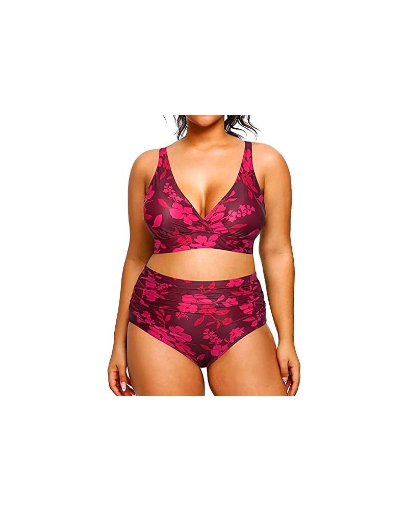 Womens Plus Size Bikini High Waisted Swimsuits Two Piece Bathing Suits Tummy Control Swimwear Red Flowers $14.08 Swimsuits