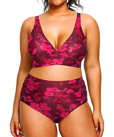 Womens Plus Size Bikini High Waisted Swimsuits Two Piece Bathing Suits Tummy Control Swimwear Red Flowers $14.08 Swimsuits