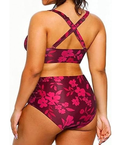 Womens Plus Size Bikini High Waisted Swimsuits Two Piece Bathing Suits Tummy Control Swimwear Red Flowers $14.08 Swimsuits