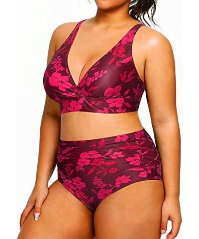 Womens Plus Size Bikini High Waisted Swimsuits Two Piece Bathing Suits Tummy Control Swimwear Red Flowers $14.08 Swimsuits