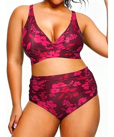 Womens Plus Size Bikini High Waisted Swimsuits Two Piece Bathing Suits Tummy Control Swimwear Red Flowers $14.08 Swimsuits