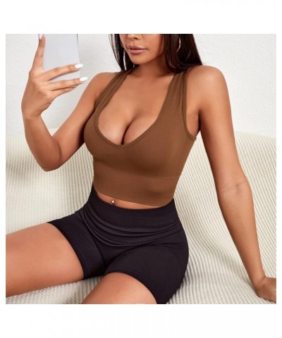 Sexy Crop Tops for Women V Neck Ribbed Tank Tops Workout Seamless Racerback Top with Built in Bras Brown $12.41 Tanks