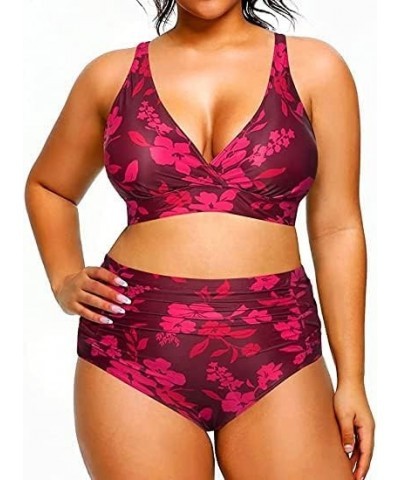 Womens Plus Size Bikini High Waisted Swimsuits Two Piece Bathing Suits Tummy Control Swimwear Red Flowers $14.08 Swimsuits