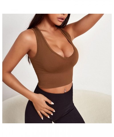 Sexy Crop Tops for Women V Neck Ribbed Tank Tops Workout Seamless Racerback Top with Built in Bras Brown $12.41 Tanks