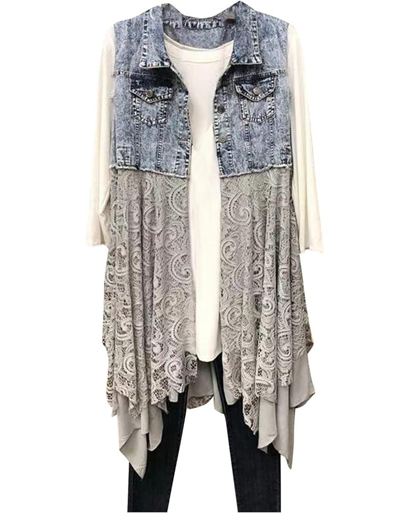 Womens Sleeveless Denim Jackets, Ladies Classic Washed Distressed Splicing Lace Hem Jean Vest Autumn Flowy Jacket Coat Light ...