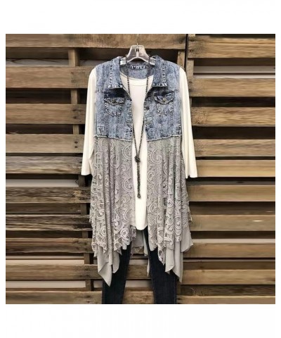 Womens Sleeveless Denim Jackets, Ladies Classic Washed Distressed Splicing Lace Hem Jean Vest Autumn Flowy Jacket Coat Light ...