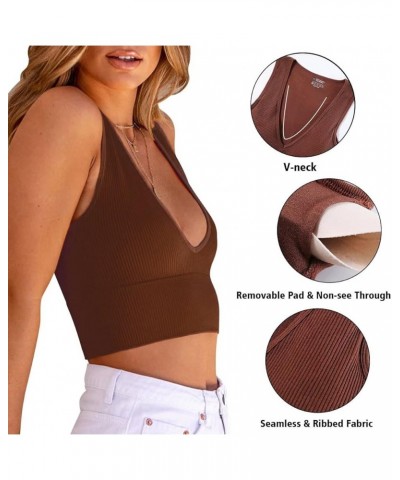 Sexy Crop Tops for Women V Neck Ribbed Tank Tops Workout Seamless Racerback Top with Built in Bras Brown $12.41 Tanks