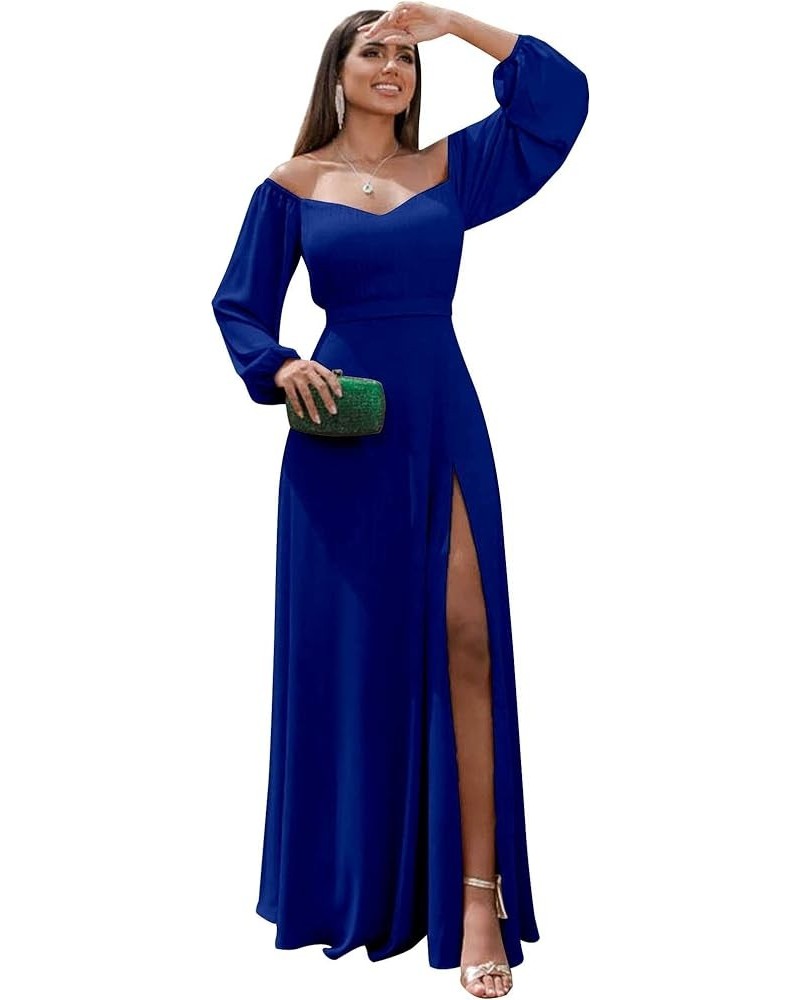 Long Sleeve Bridesmaid Dress for Women 2024 Off The Shoulder Chiffon Formal Party Evening Prom Dress with Slit Royal Blue $24...