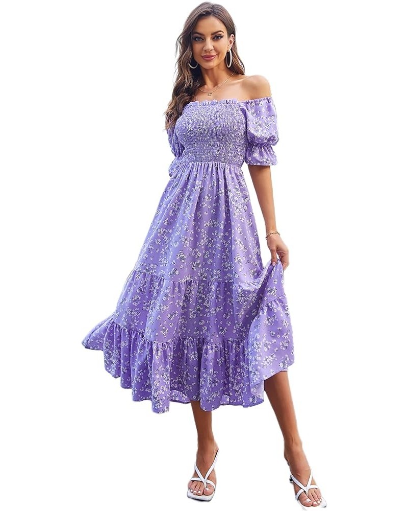 Women Casual Dress Floral High Waist Maxi Beach A Line Flowy Smocked Dress Purple Flower $14.49 Swimsuits